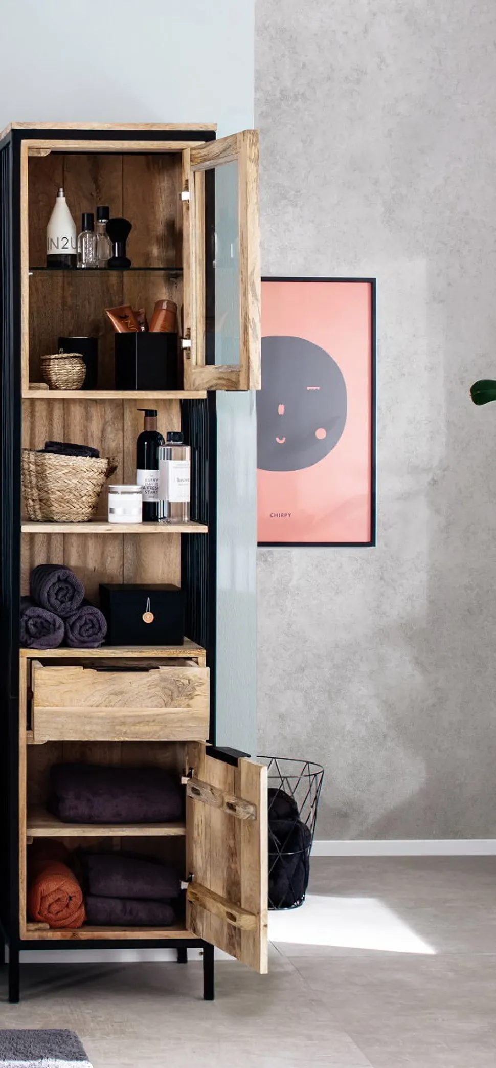 Badhochschrank 43x180cm 'Brooklyn' Mango & Metall schwarz