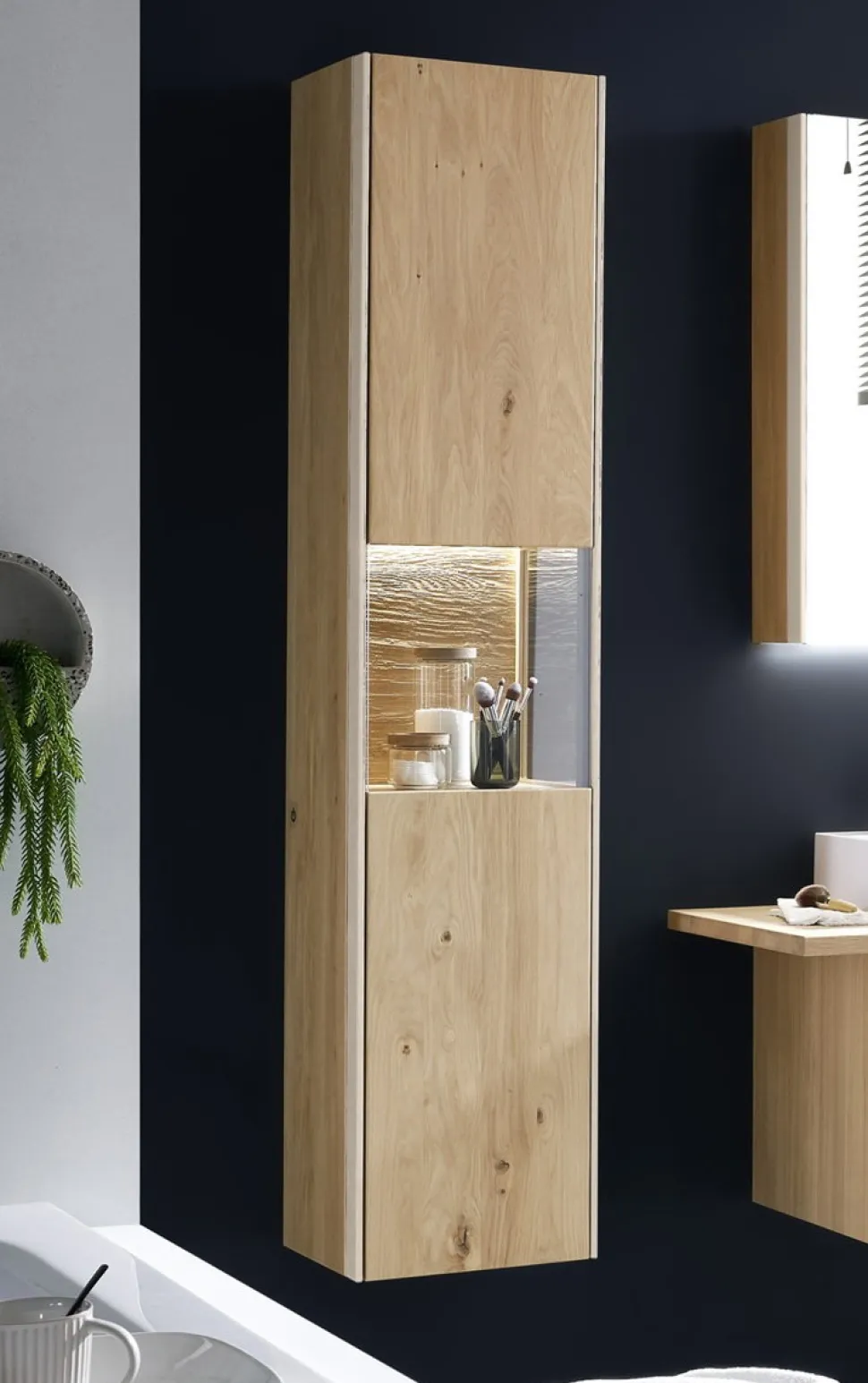 Badhochschrank 39x173cm inkl.Beleuchtung 'Avallon' Wildeiche geölt & creme Rechts