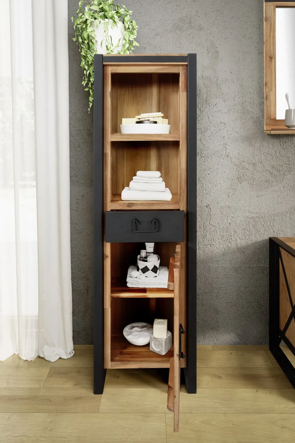 Badmidischrank 45x150cm 'Montreux' Akazie & Metall schwarz