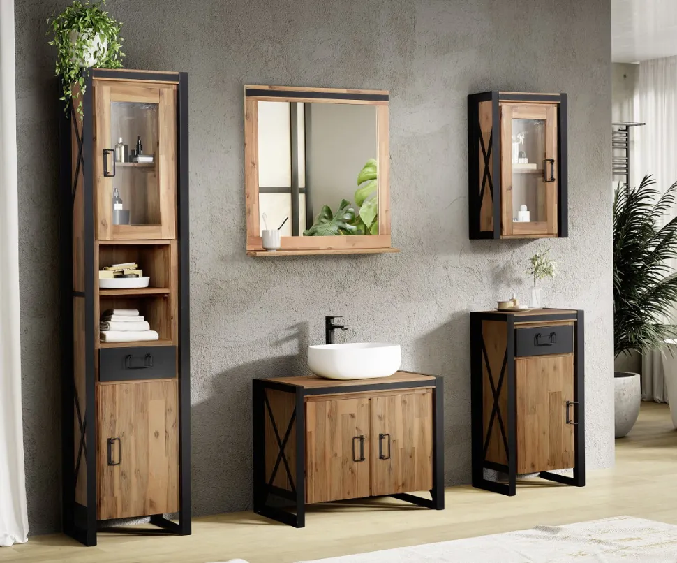 Badoberschrank 45x70cm 'Montreux' Akazie & Metall schwarz