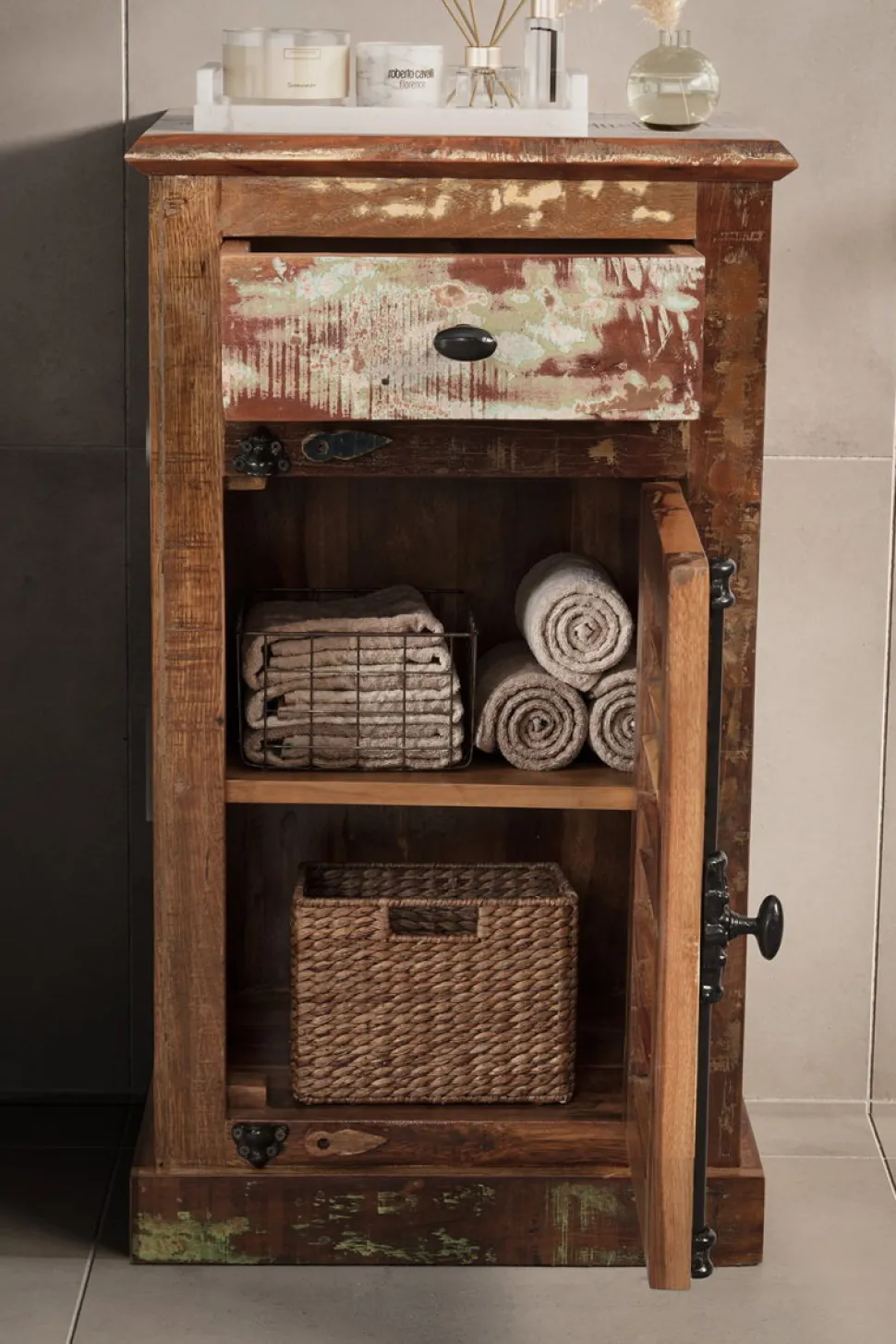 Badunterschrank 45x80cm 'Hawkins' recyceltes Altholz mehrfarbig lackiert