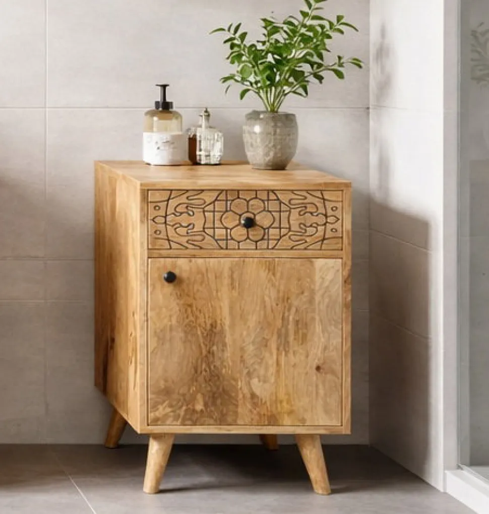 Badunterschrank 40x77cm 'Lyn' Mangoholz mit schwarzen Ornamenten