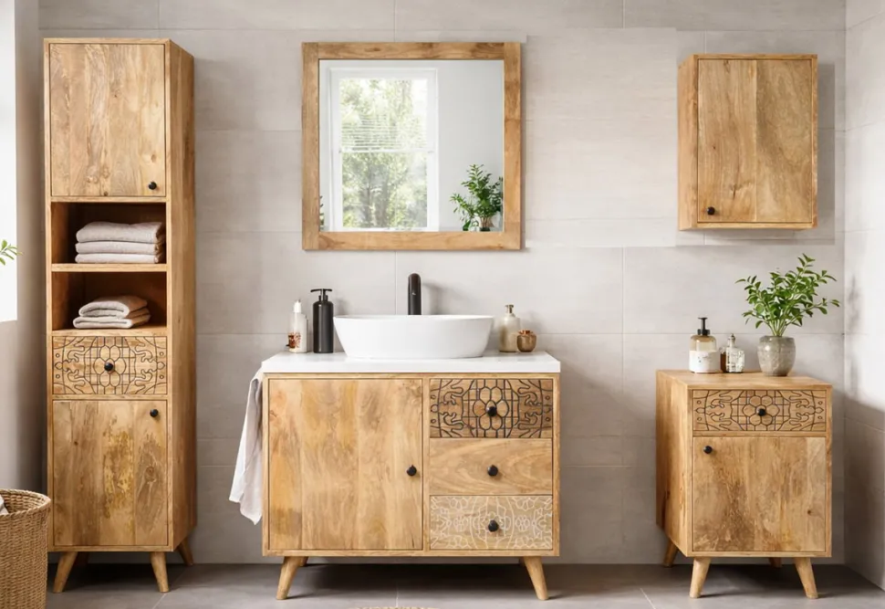 Badunterschrank 40x77cm 'Lyn' Mangoholz mit schwarzen Ornamenten