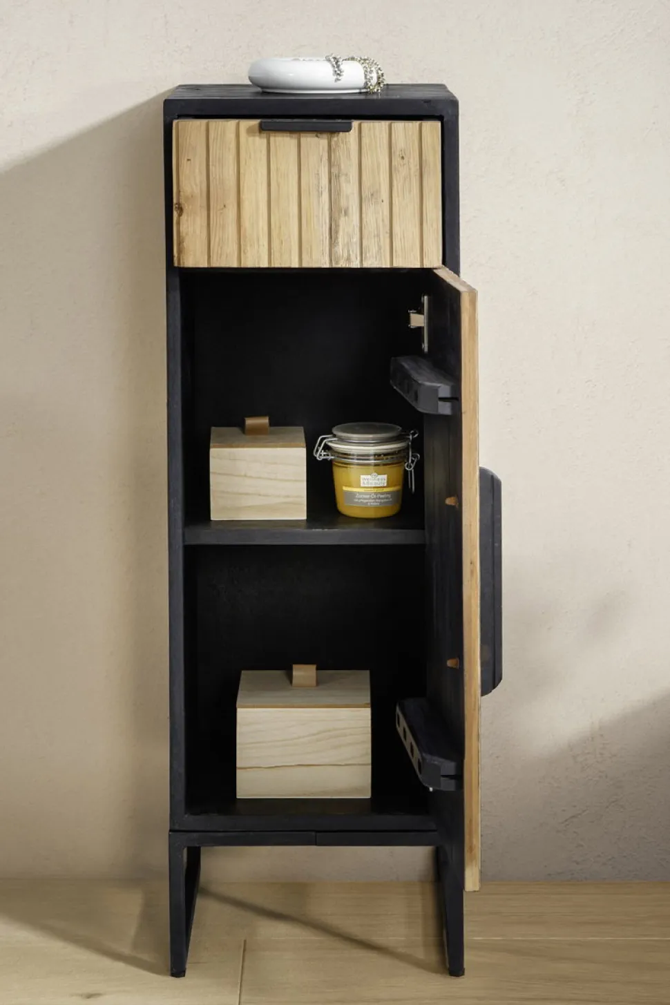 Badunterschrank 30x90cm 'Namibia' Eiche & Mango schwarz