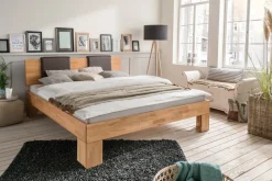 Bett 'Bozen' Kernbuche geölt VARIATIONEN möglich 200x200cm Kopfpolster 2er-Set braun 2 Schubkästen und vordere Blende