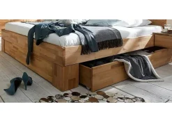 Bett 'Bozen' Kernbuche geölt VARIATIONEN möglich 200x200cm Kopfpolster 2er-Set braun 2 Schubkästen und vordere Blende