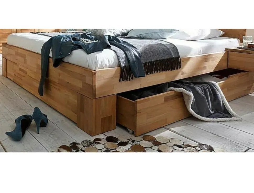 Bett 'Bozen' Kernbuche geölt VARIATIONEN möglich 200x200cm Kopfpolster 2er-Set braun 2 Schubkästen und vordere Blende