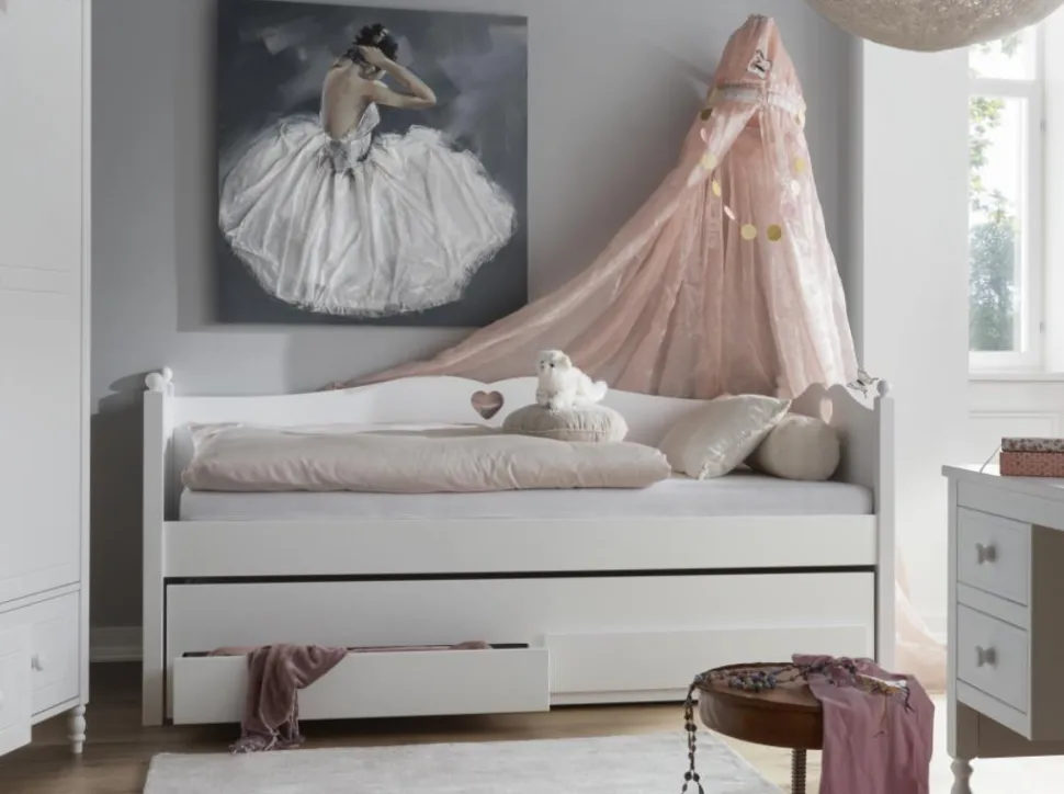 Bettsofa mit Zweitbett und Schubladen 90x200cm "Meggie" MDF weiß lackiert