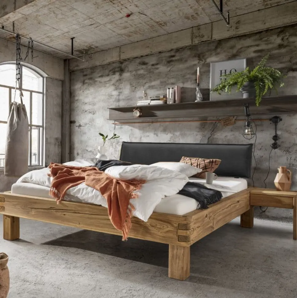 Bett verschiedene Größen Kopfteil anthrazit Holzfüße 'Moderna VI' Wildeiche 200 x 200 cm