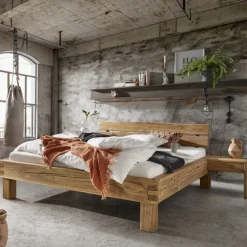 Bett verschiedene Größen Kopfteil Baumkante Holzfüße 'Moderna VII' Wildeiche 160 x 200 cm