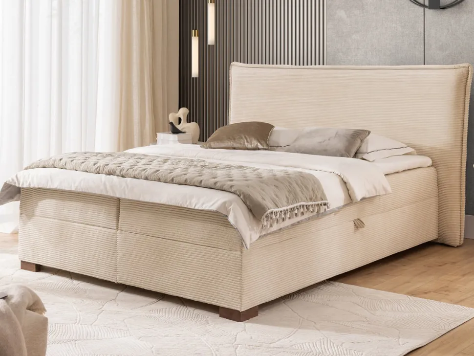 Boxspringbett inkl. Topper 'Olivia' verschiedene Größen Cordstoff creme 140 x 200 cm