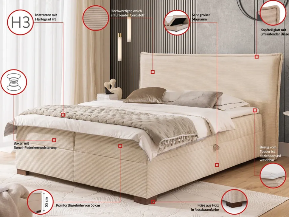 Boxspringbett inkl. Topper 'Olivia' verschiedene Größen Cordstoff creme 140 x 200 cm