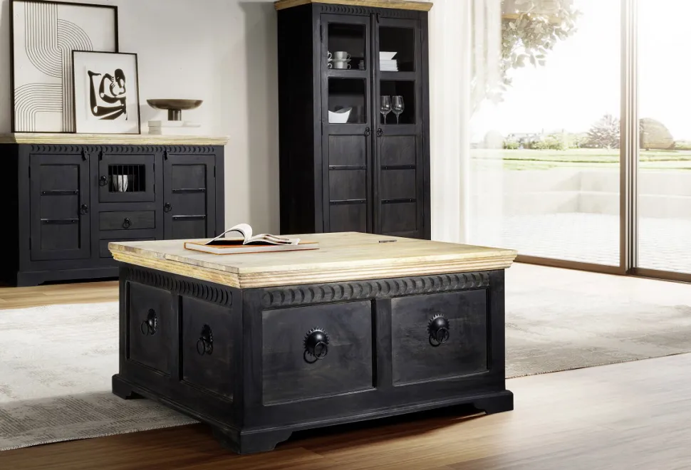 Couchtisch-Truhe 90x90cm 'Mumbai' Mango natur & schwarz