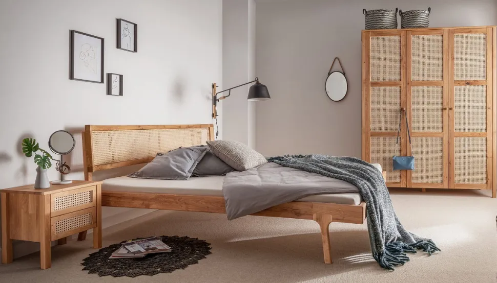 Doppelbett 200x200cm "Norden" Eiche & Rattangeflecht