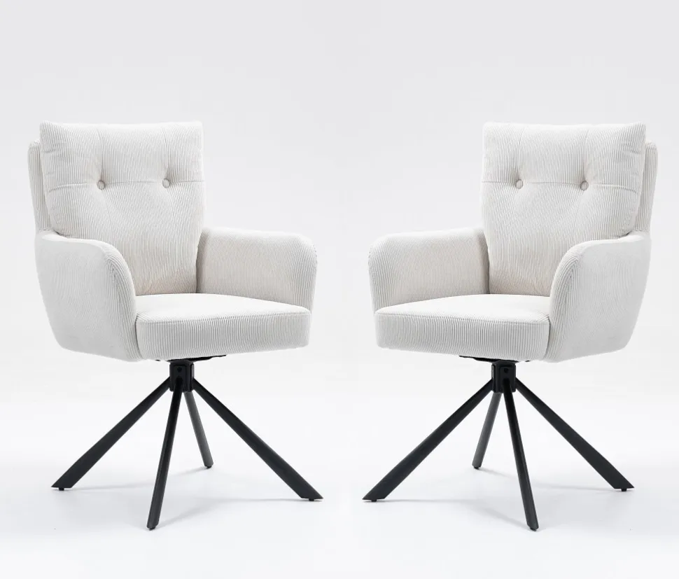2er-Set Drehstuhl Esszimmerstuhl "Hanna" Cord creme & Metall schwarz