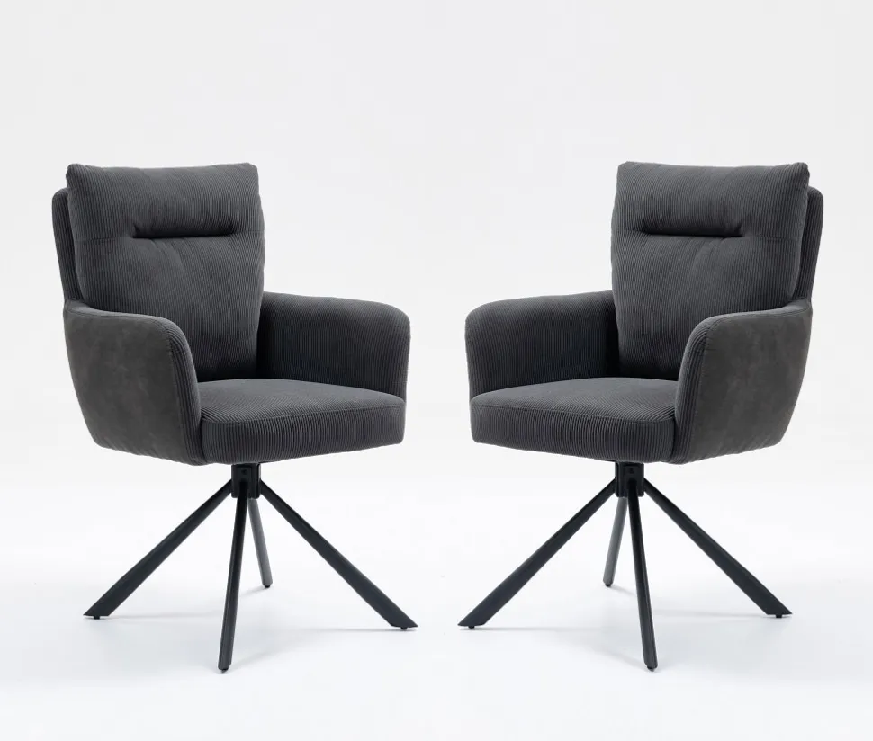 2er-Set Drehstuhl Esszimmerstuhl "Richard" Cord anthrazit & Metall schwarz