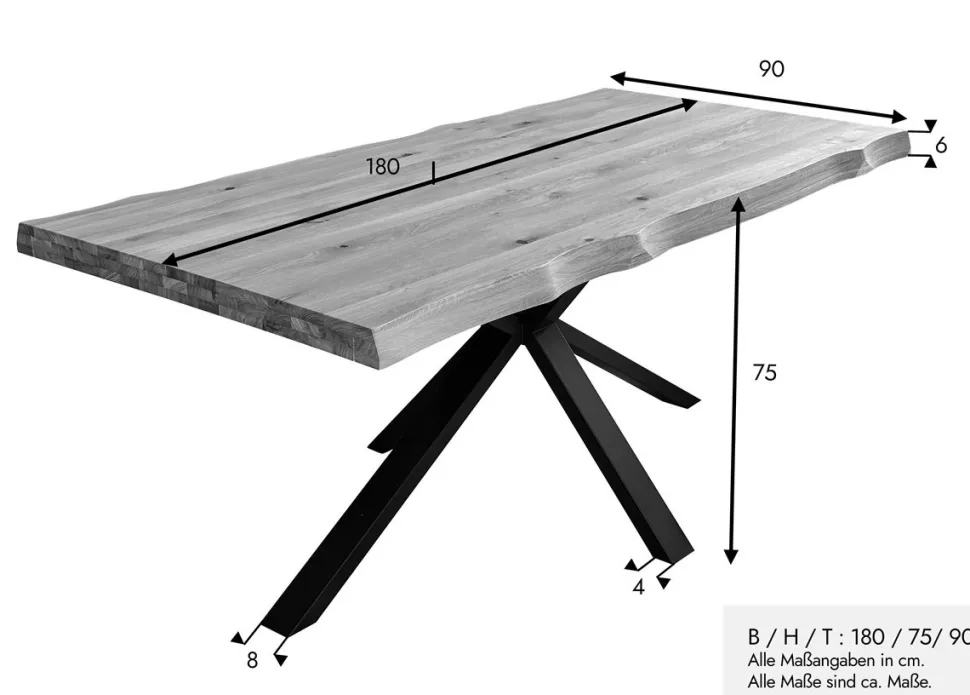 Esstisch 180x90cm Platte 60mm "Clark II" Wildeiche massiv & Metall schwarz