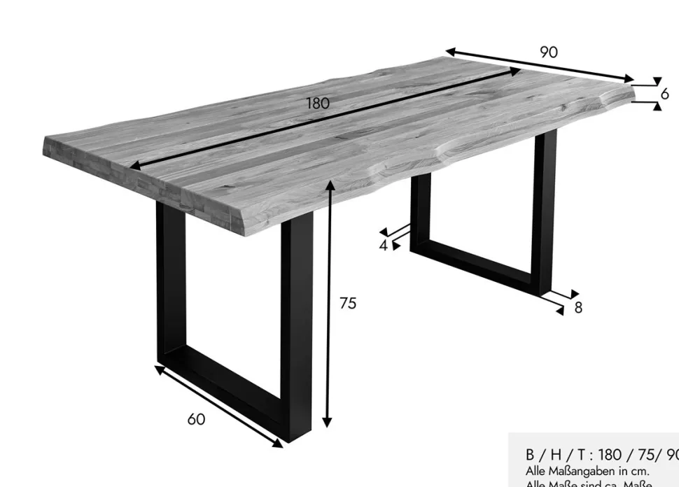 Esstisch 180x90cm Platte 60mm "Clark I" Wildeiche massiv & Metall schwarz