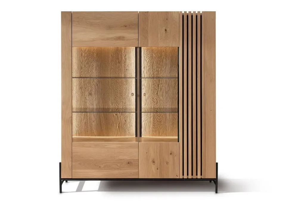 Highboard 140cm Wildeiche 'Amalfi' verschiedene Ausführungen inkl.Beleuchtung ohne Glasplatte Metallgestell schwarz