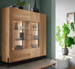 Highboard 140cm Wildeiche 'Amalfi' verschiedene Ausführungen inkl.Beleuchtung ohne Glasplatte Metallgestell schwarz