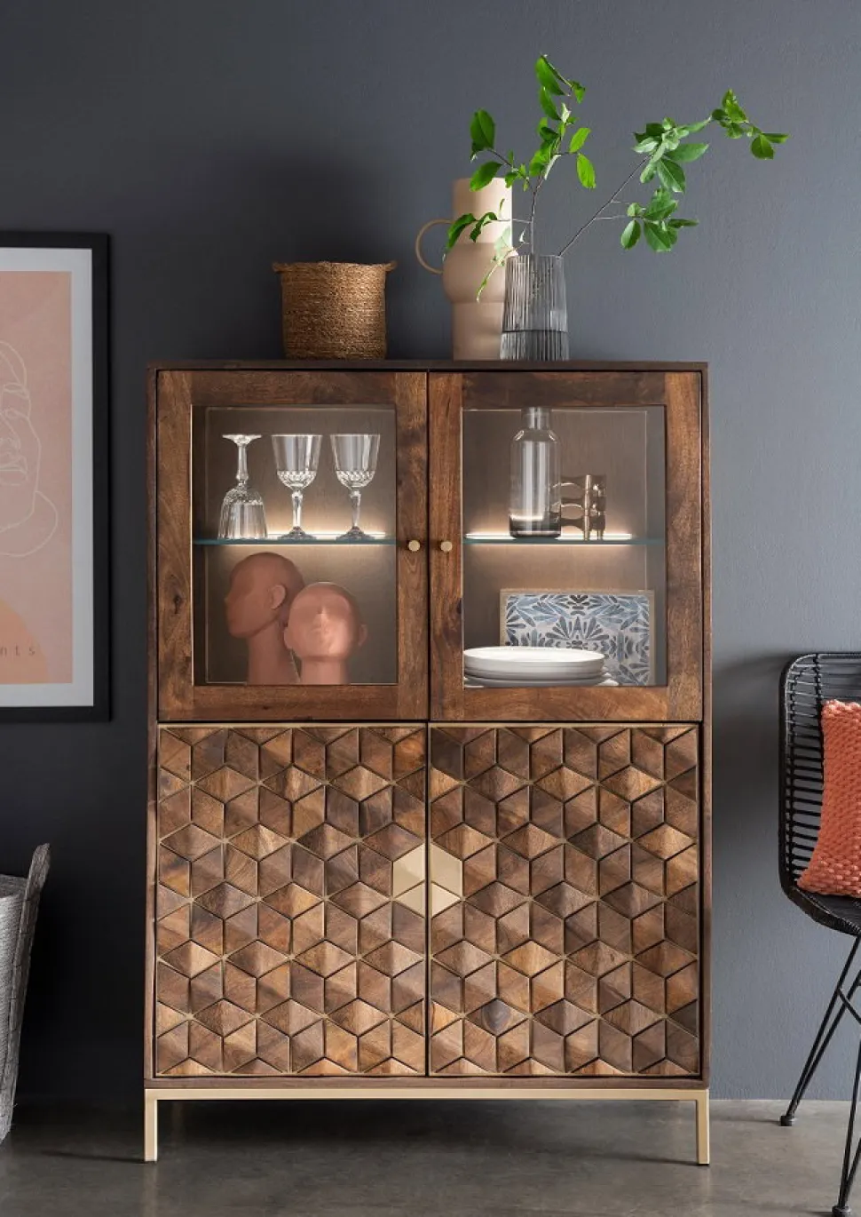 Highboard II 99x139cm "Assuan" Mango & Metall goldfarbig WZ-0462