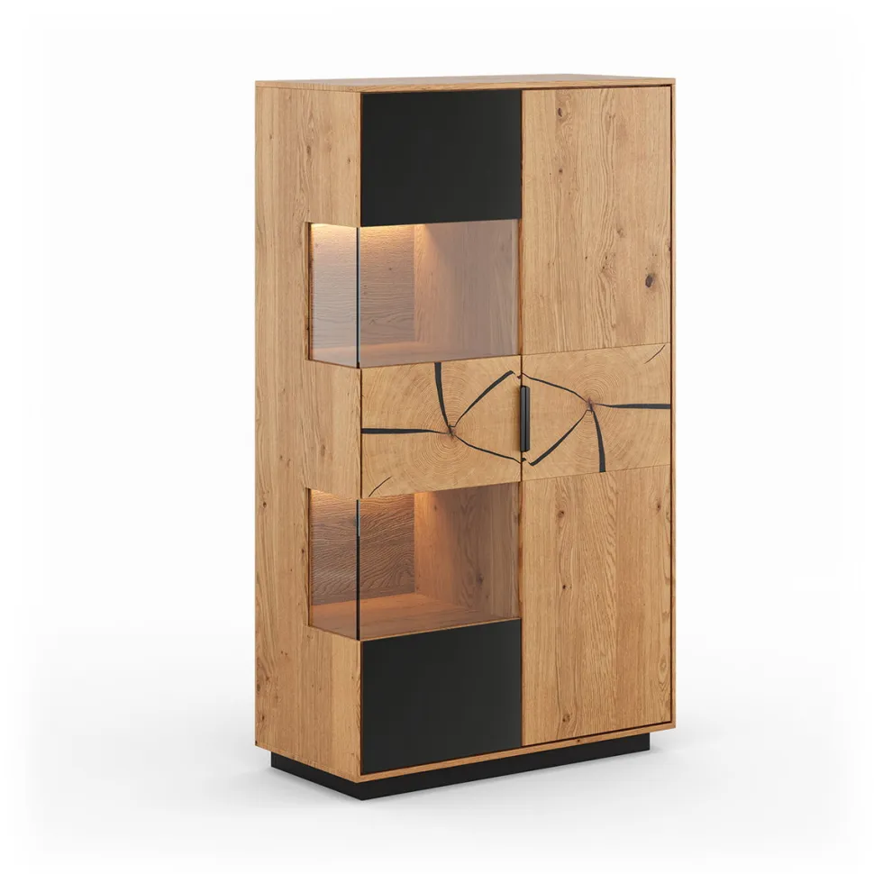 Highboard inkl.Beleuchtung 83x147cm 'Triest' Wildeiche massiv Glas