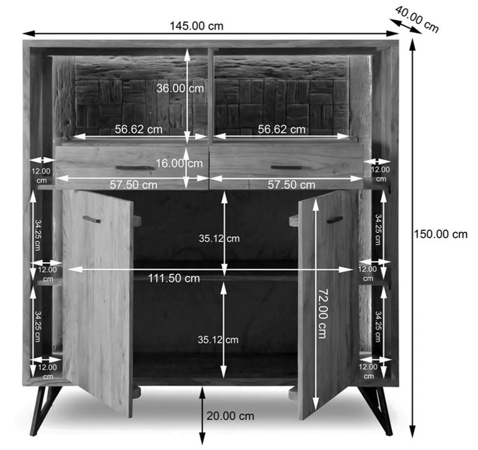 Highboard inkl.Beleuchtung 145x150cm 'Hunter' Akazie massiv