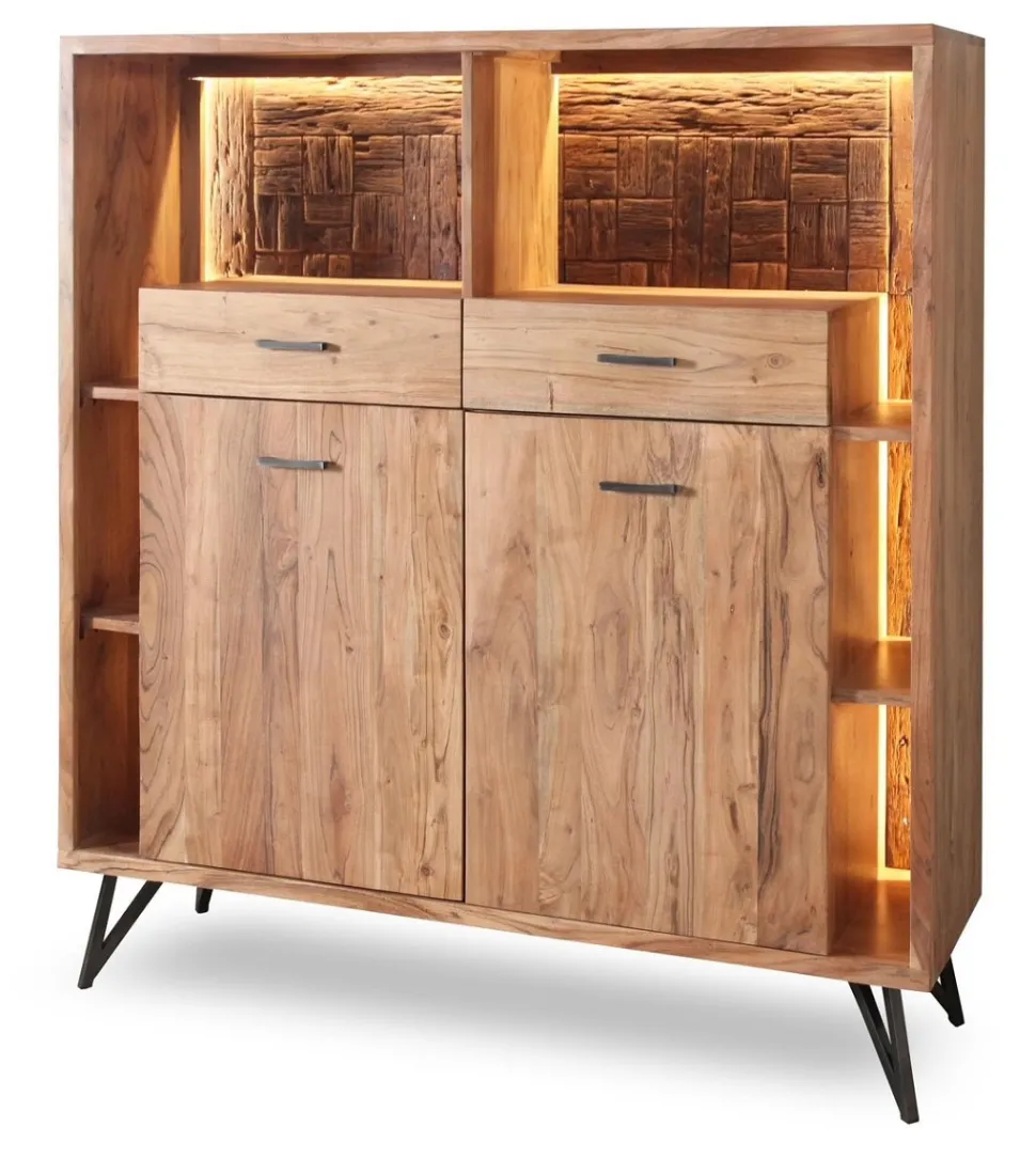 Highboard inkl.Beleuchtung 145x150cm 'Hunter' Akazie massiv