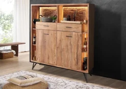 Highboard inkl.Beleuchtung 145x150cm 'Hunter' Akazie massiv