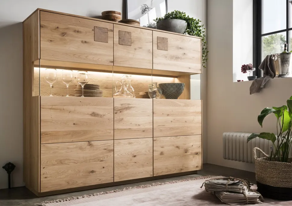 Highboard inkl.Beleuchtung 165x145cm 'Monza' Wildeiche geölt