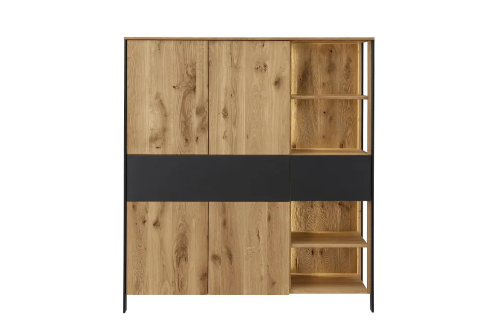 Highboard mit Beleuchtung 128x143cm 'Boston ' Wildeiche geölt & Glas anthrazit