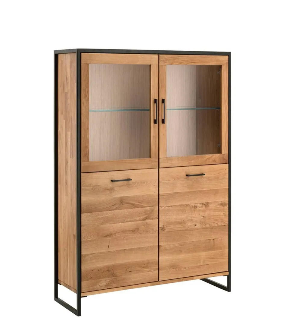 Highboard mit Glas 115x138cm "Dublin" Wildeiche & Eisen schwarz