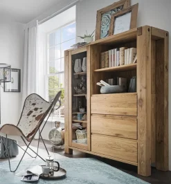 Highboard mit Glas 119x155cm 'Palermo' Eiche massiv geölt
