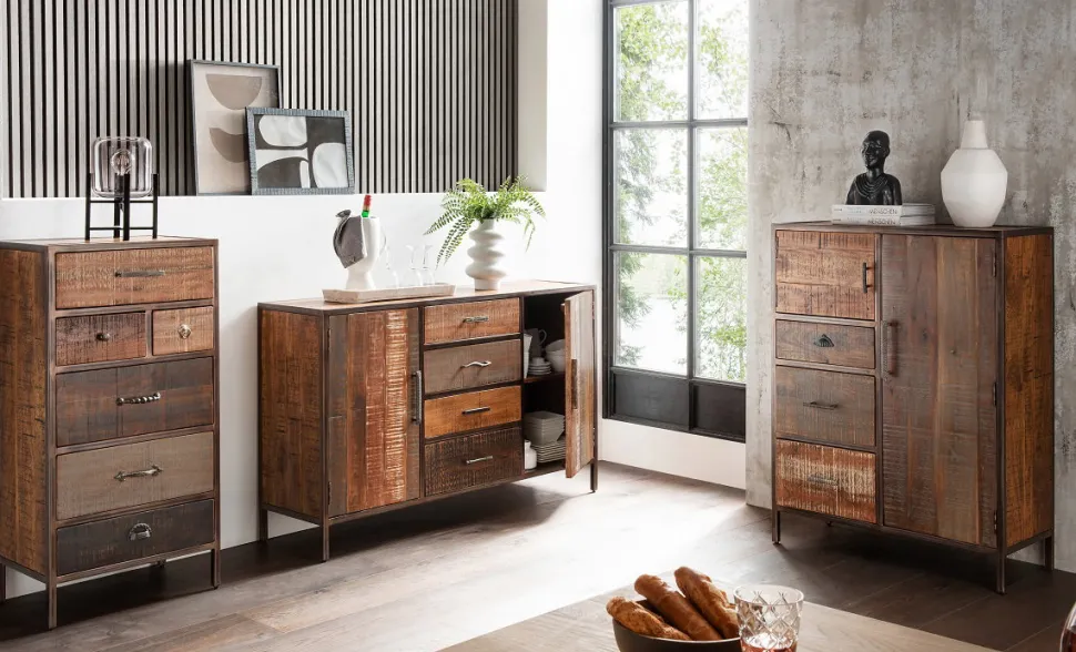 Highboard 90x120cm 'Compton' recyceltes Altholz & Eisen vintage