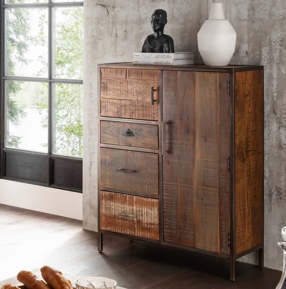 Highboard 90x120cm 'Compton' recyceltes Altholz & Eisen vintage