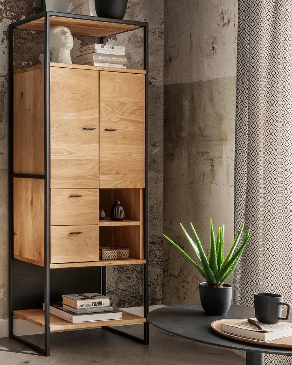 Highboard 64x173cm "Glasgow" Wildeiche & Metall schwarz offene Fächer