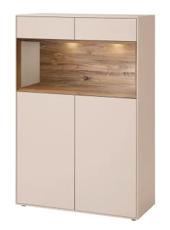 Highboard 90x133cm 'Locarno II' Nussbaum massiv & MDF creme inkl.Beleuchtung