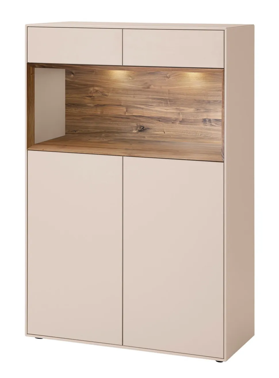 Highboard 90x133cm 'Locarno II' Nussbaum massiv & MDF creme inkl.Beleuchtung