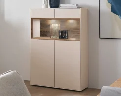 Highboard 90x133cm 'Locarno II' Nussbaum massiv & MDF creme inkl.Beleuchtung