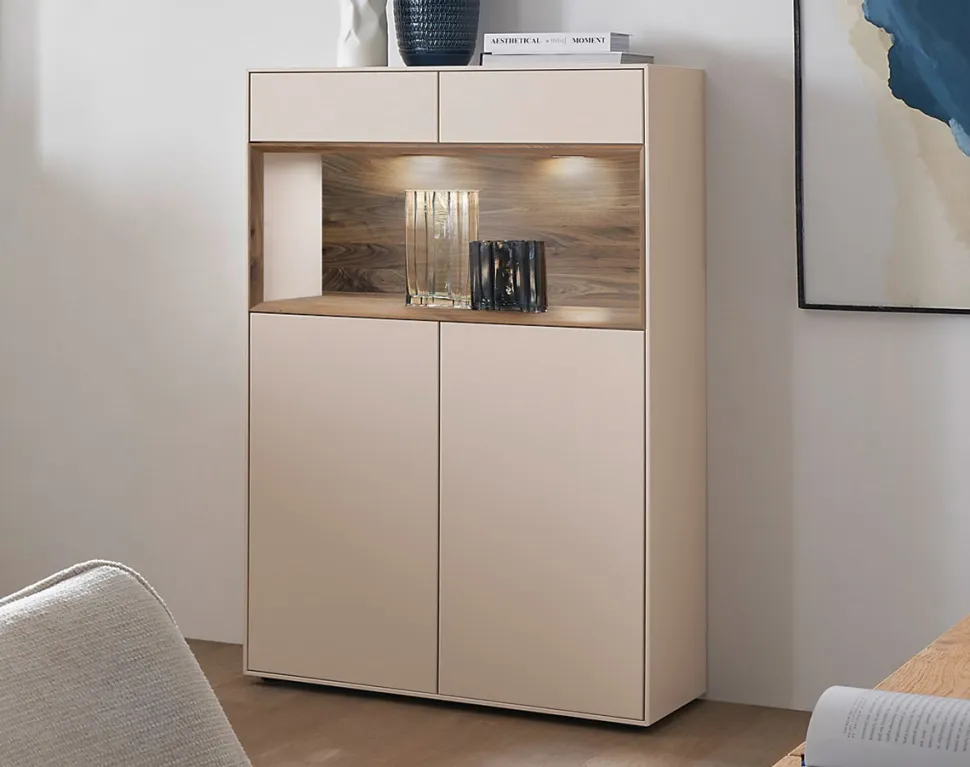 Highboard 90x133cm 'Locarno II' Nussbaum massiv & MDF creme inkl.Beleuchtung