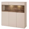 Highboard 135x133cm 'Locarno II' Nussbaum massiv & MDF creme inkl.Beleuchtung