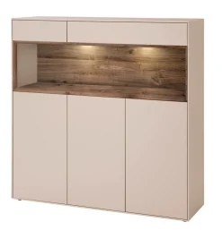 Highboard 135x133cm 'Locarno II' Nussbaum massiv & MDF creme inkl.Beleuchtung