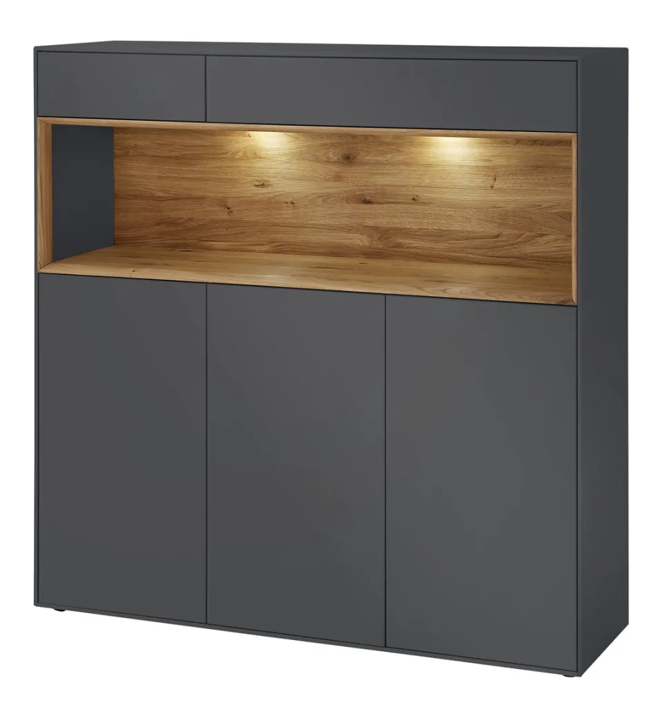Highboard 135x133cm 'Locarno' Wildeiche massiv & MDF anthrazit inkl.Beleuchtung