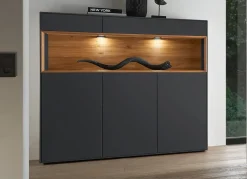 Highboard 135x133cm 'Locarno' Wildeiche massiv & MDF anthrazit inkl.Beleuchtung
