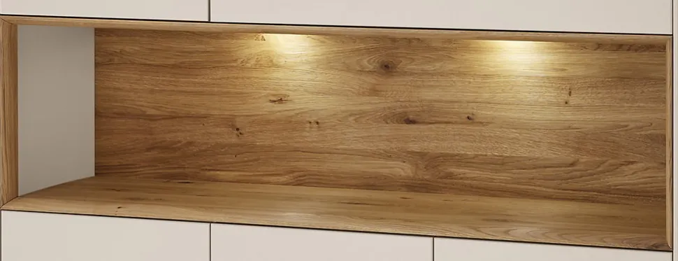 Highboard 135x133cm 'Locarno' Wildeiche massiv & MDF creme inkl.Beleuchtung