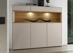 Highboard 135x133cm 'Locarno' Wildeiche massiv & MDF creme inkl.Beleuchtung