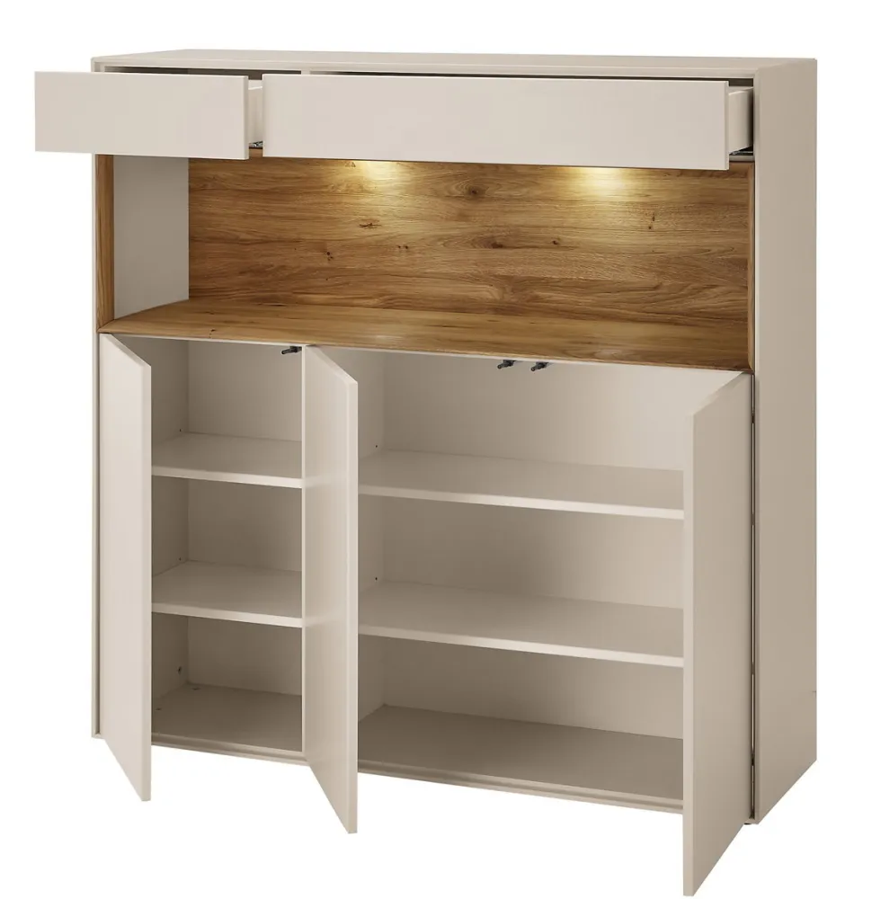 Highboard 135x133cm 'Locarno' Wildeiche massiv & MDF creme inkl.Beleuchtung