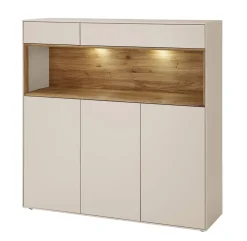 Highboard 135x133cm 'Locarno' Wildeiche massiv & MDF creme inkl.Beleuchtung