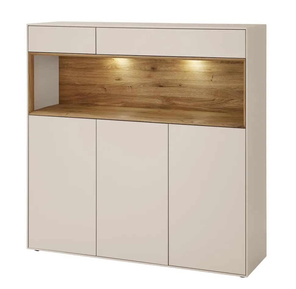 Highboard 135x133cm 'Locarno' Wildeiche massiv & MDF creme inkl.Beleuchtung