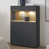 Highboard 90x133cm 'Locarno' Wildeiche massiv & MDF anthrazit inkl.Beleuchtung